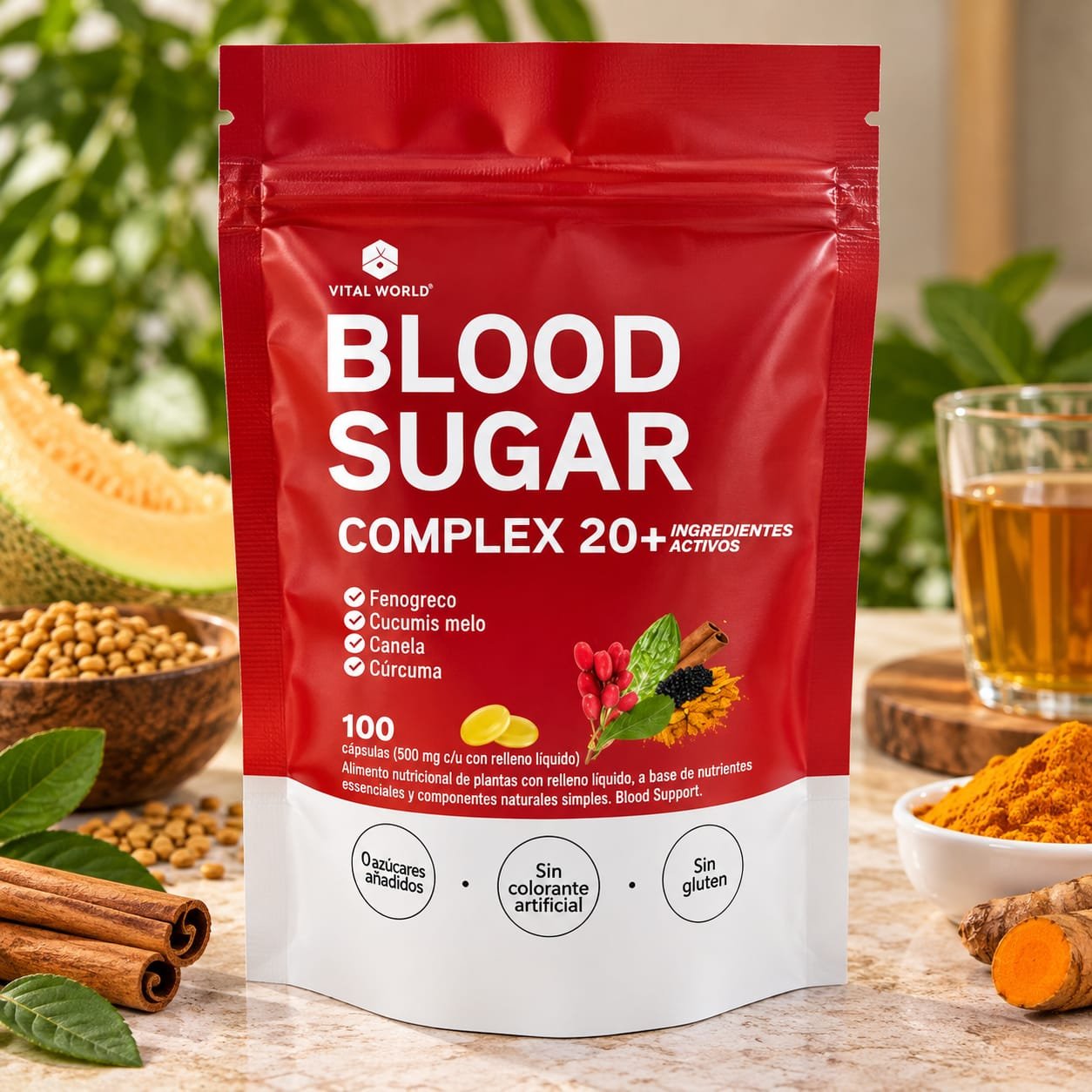 Blood Sugar Complex 20+ – Fenogreco, Melón Amargo, Canela y Cúrcuma (100 Cápsulas con Relleno Líquido)